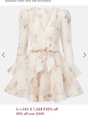 Zimmermann size 1 Floral Bow-Waist Long-Sleeve Mini Dress in Pale Pink and Sage